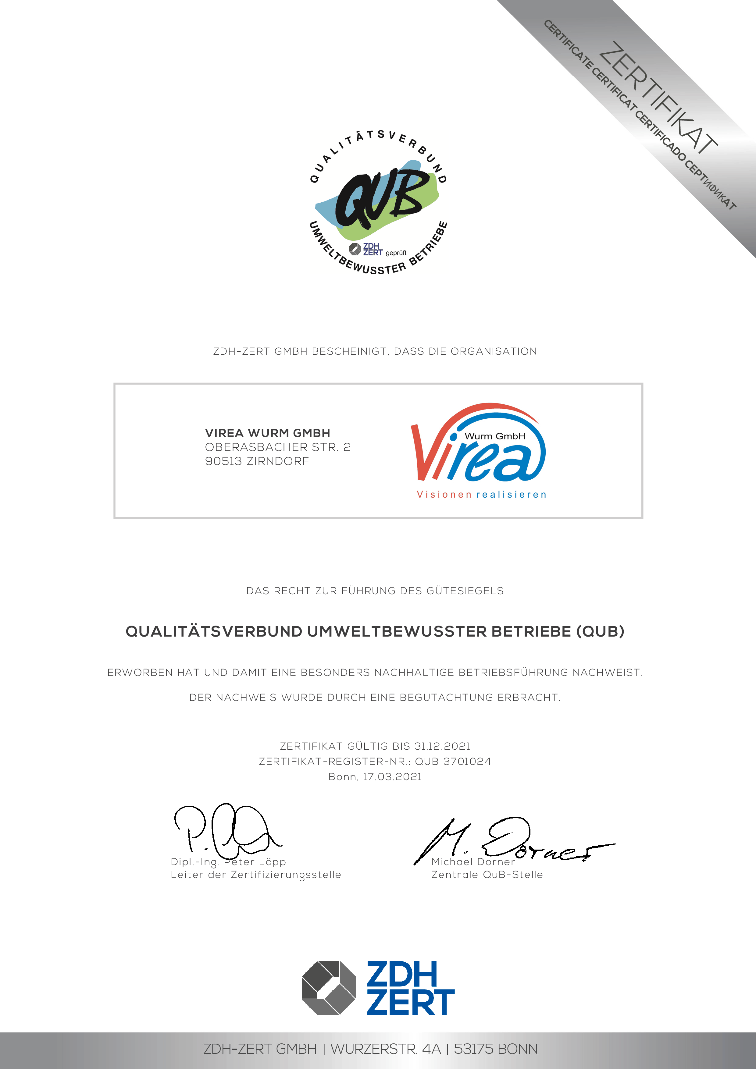 QUB-Zertifikat für Virea Wurm 2021